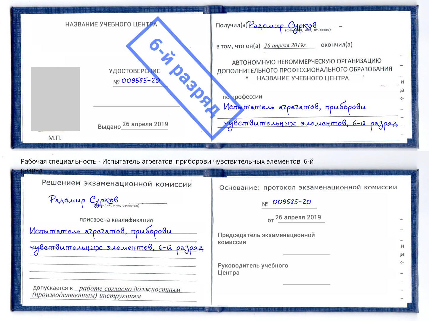 корочка 6-й разряд Испытатель агрегатов, приборови чувствительных элементов Лесозаводск