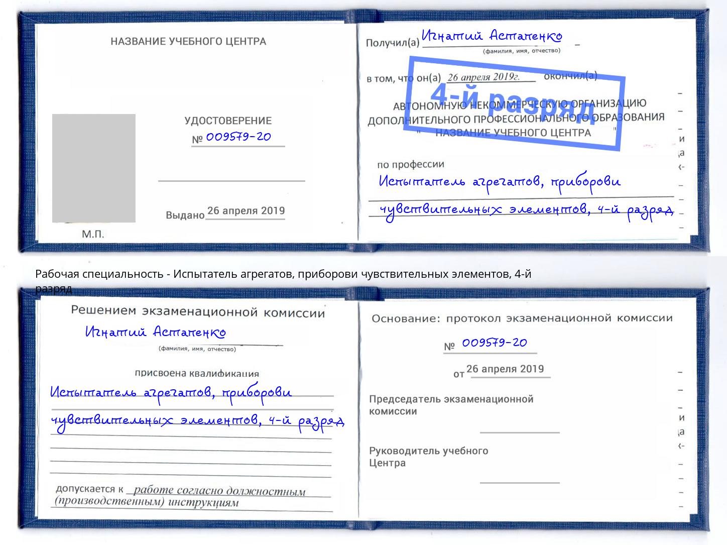 корочка 4-й разряд Испытатель агрегатов, приборови чувствительных элементов Лесозаводск
