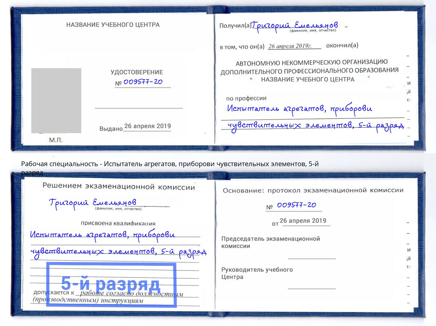 корочка 5-й разряд Испытатель агрегатов, приборови чувствительных элементов Лесозаводск