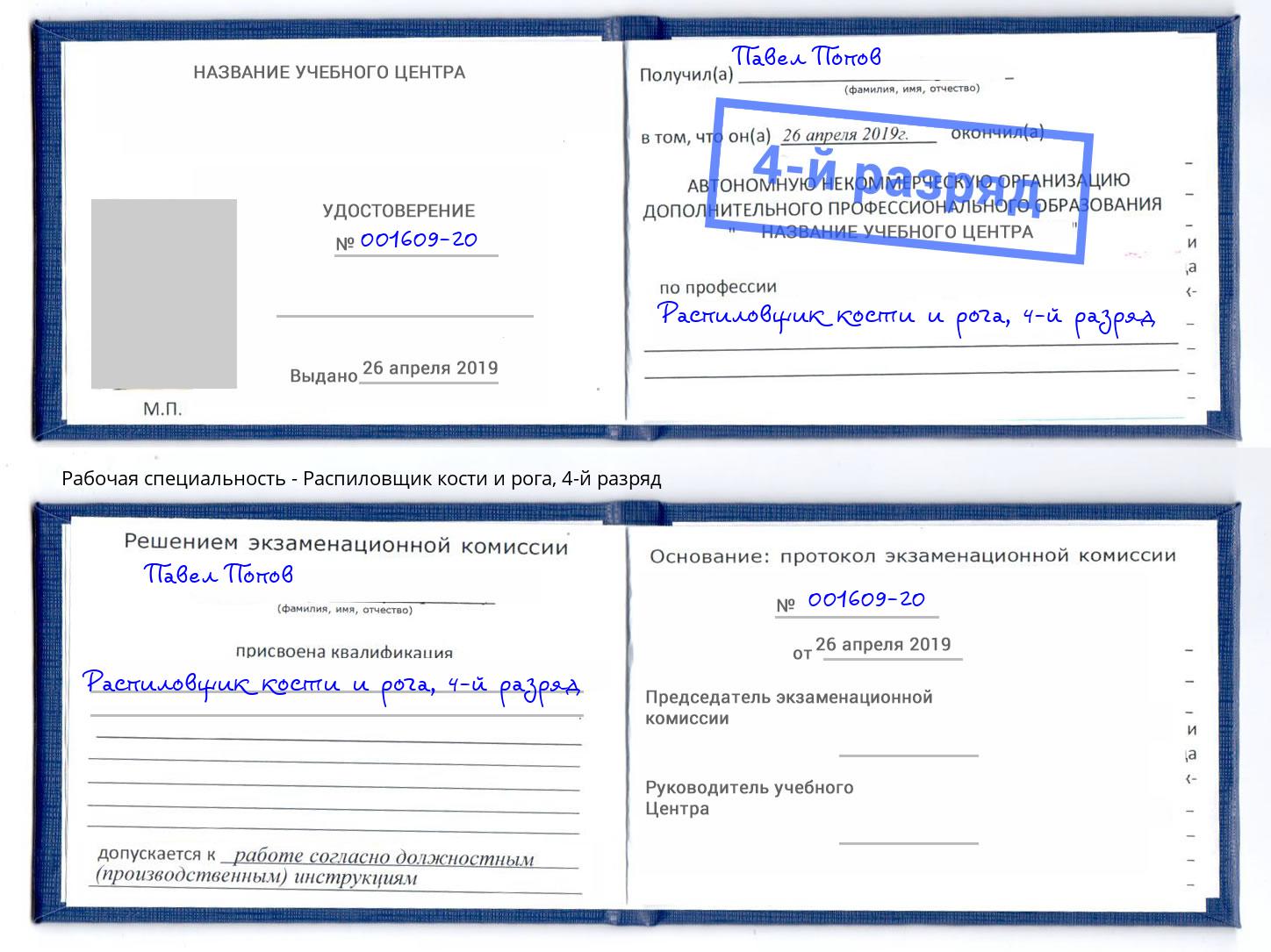 корочка 4-й разряд Распиловщик кости и рога Лесозаводск