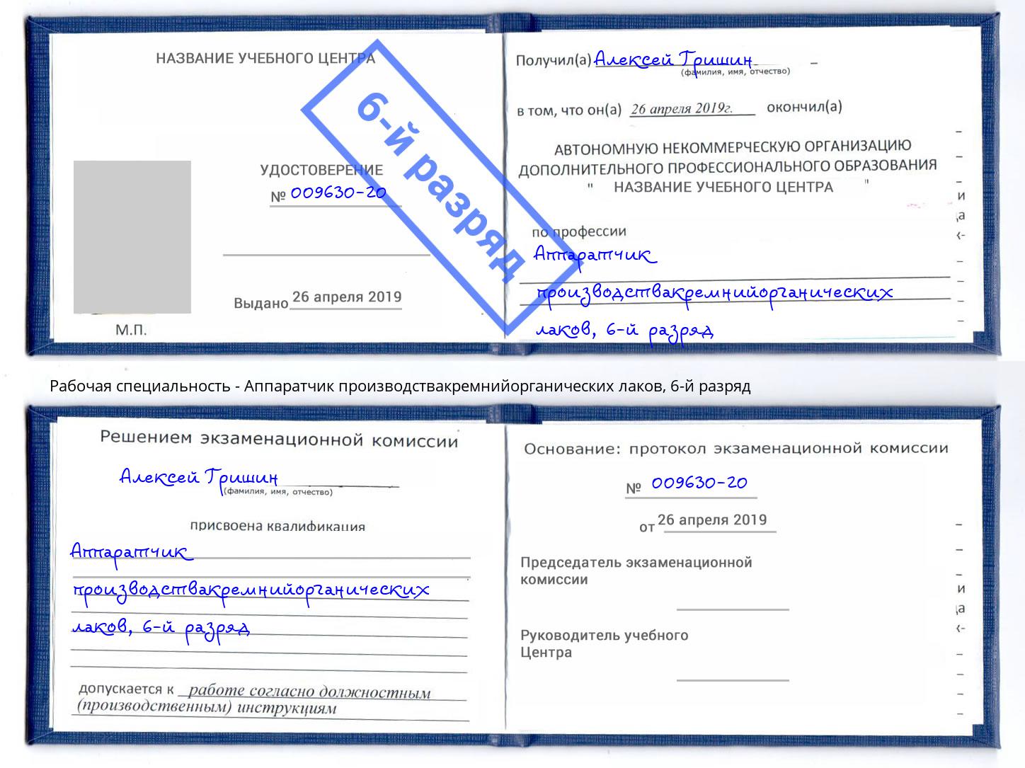 корочка 6-й разряд Аппаратчик производствакремнийорганических лаков Лесозаводск