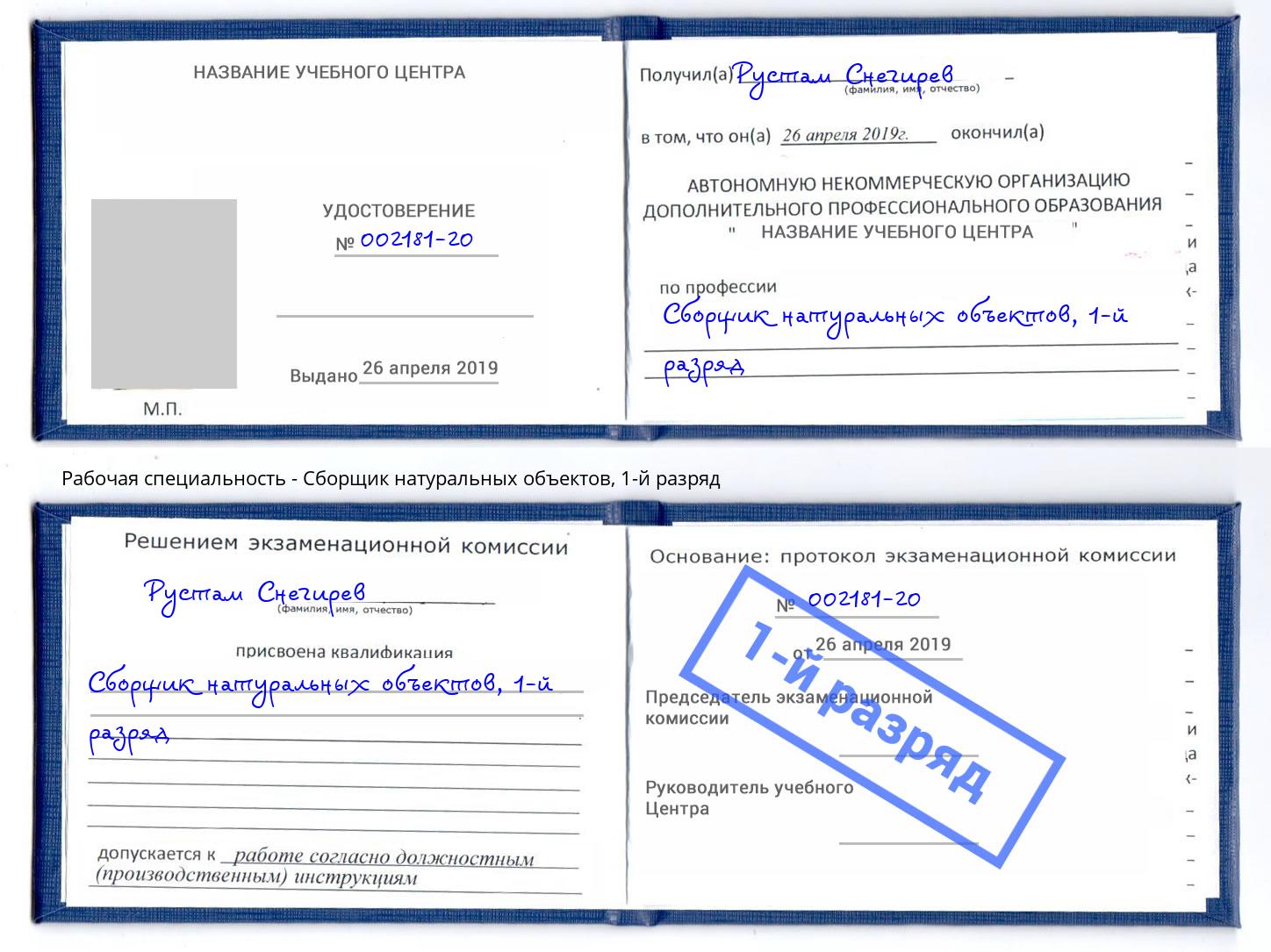 корочка 1-й разряд Сборщик натуральных объектов Лесозаводск