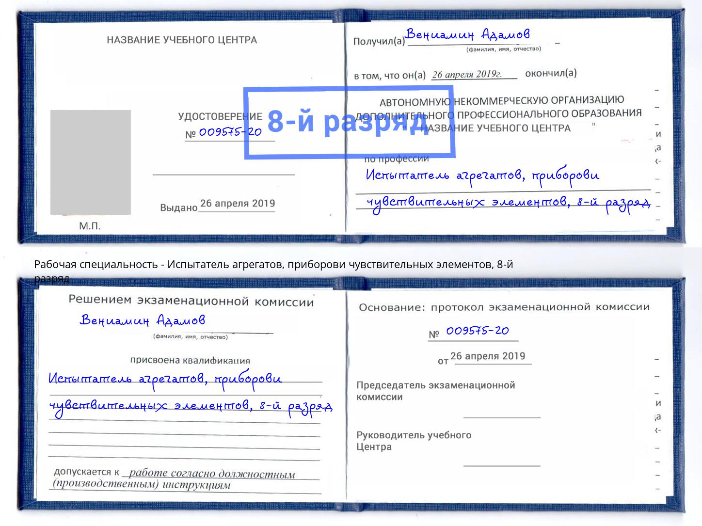 корочка 8-й разряд Испытатель агрегатов, приборови чувствительных элементов Лесозаводск